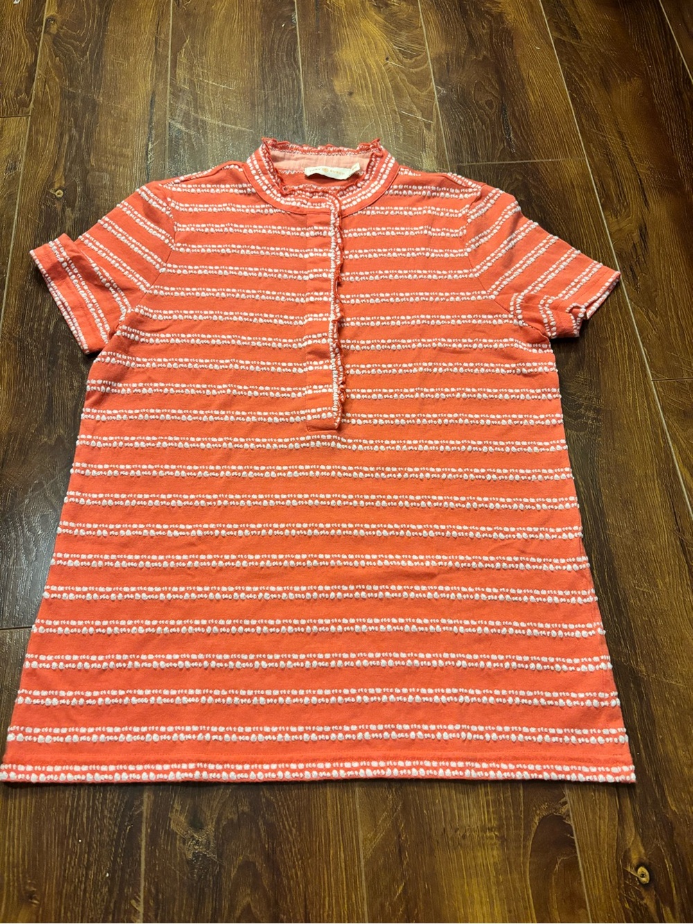Tory Burch Polo Shirt Womens M Embroidery Ruffle Hidden Buttons Short Sleeves